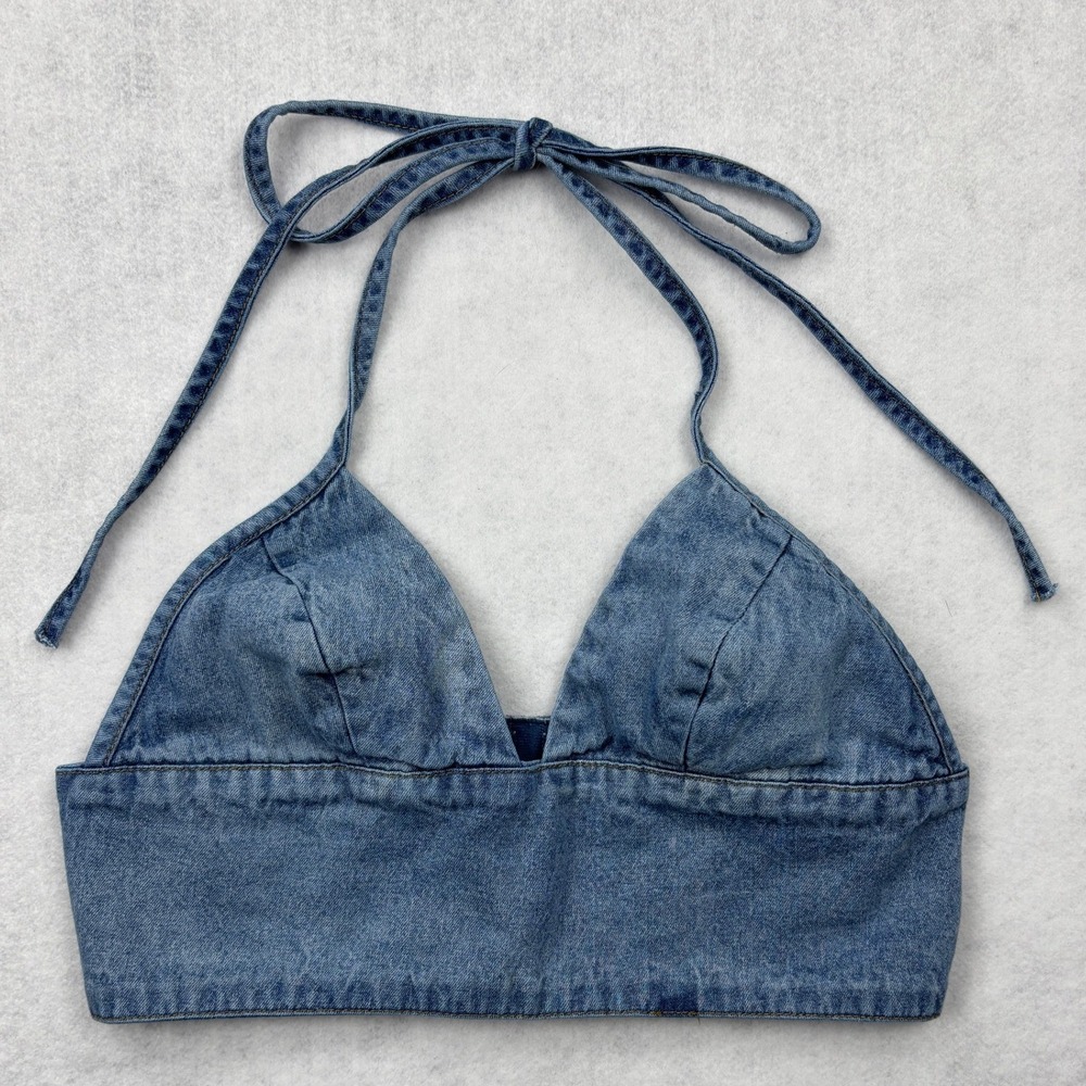 Emma & Sam Crop Top Womens‎ Small Blue Denim Triangle Halter Hook Eye Bralette